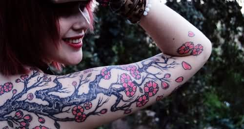 Girl Right Sleeve Cherry Blosoom Tattoo